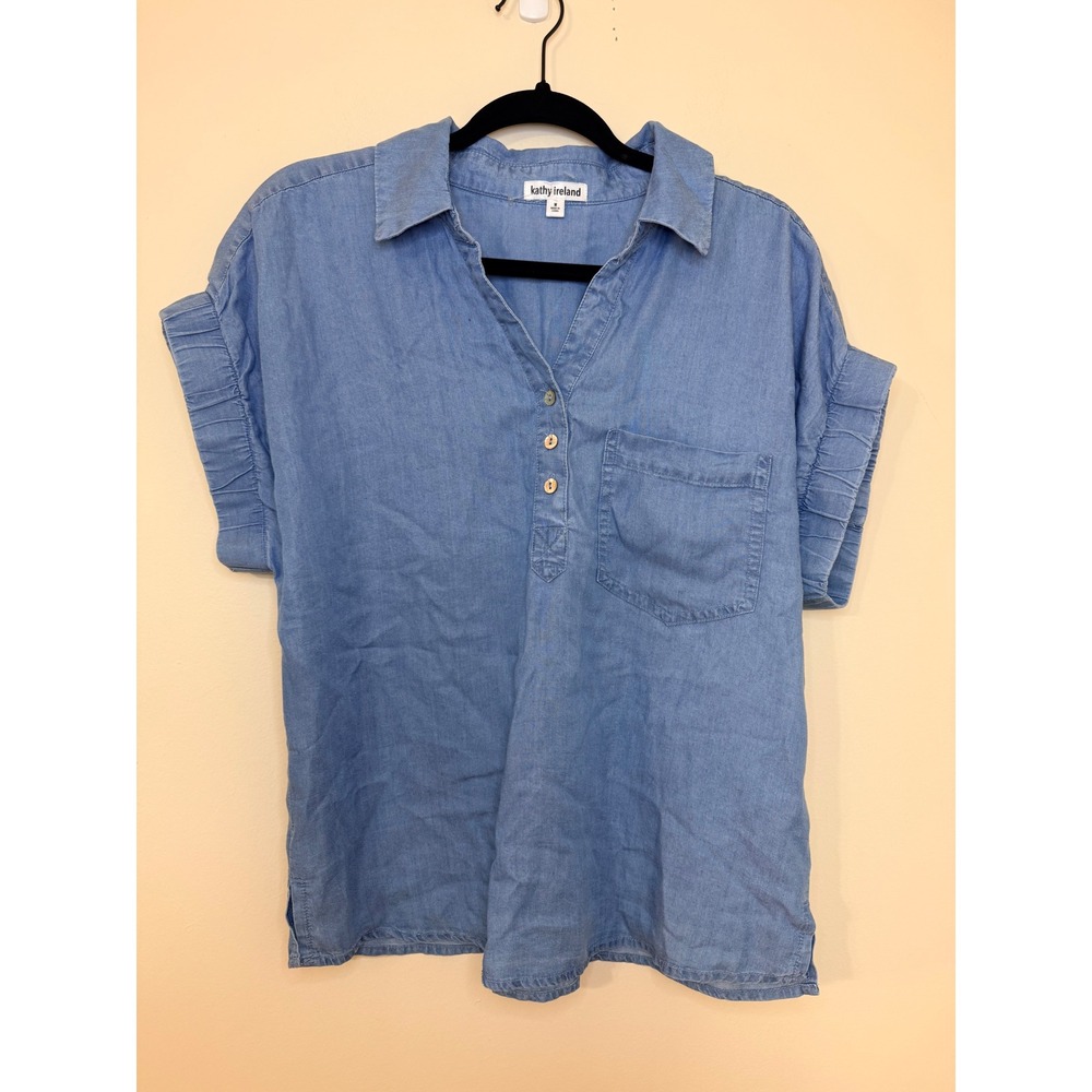 Kathy Ireland Women Blue Lyocell Chambray Henley Ruffle Sleeve Blouse Size M